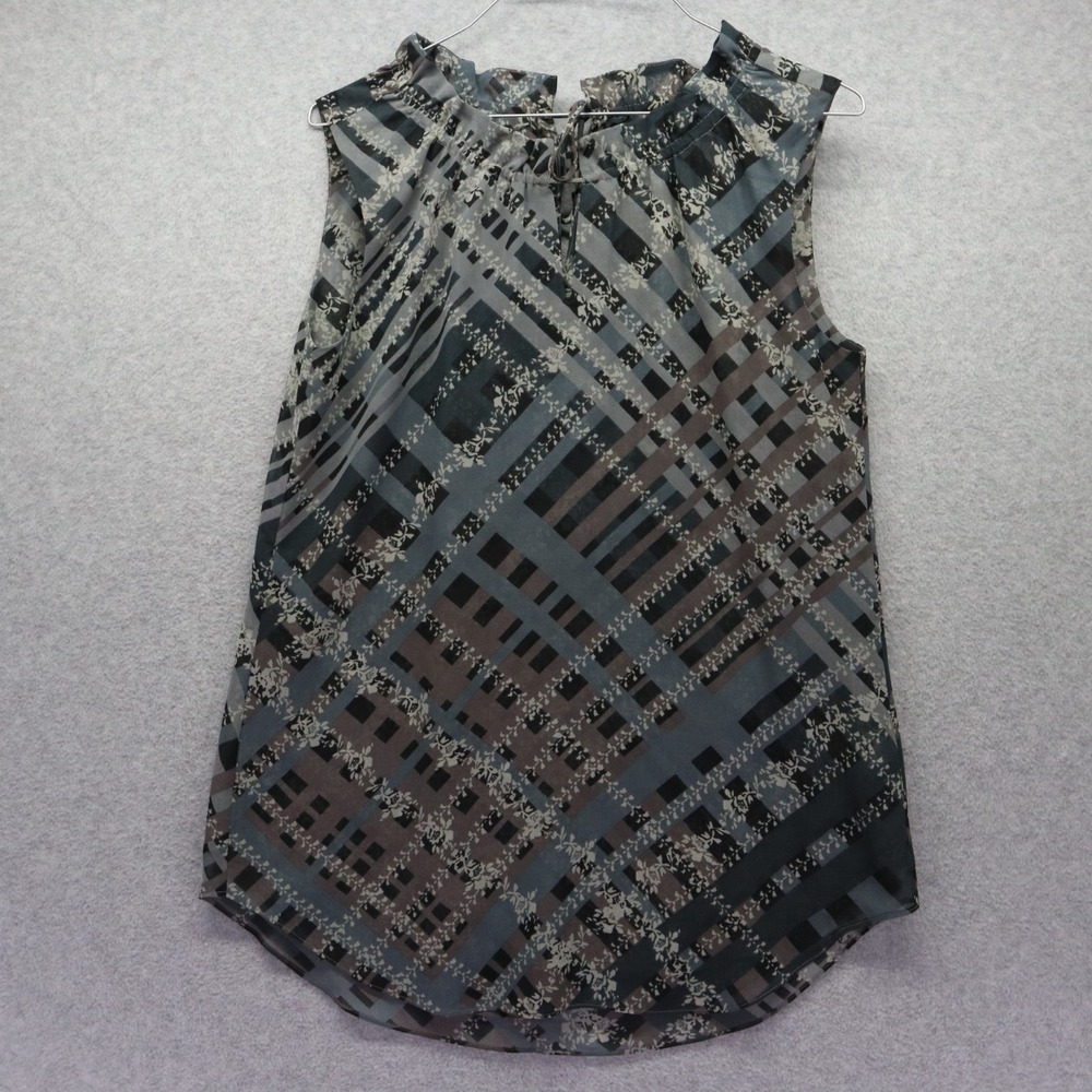 Cabi Top Womens XS‎ Graph Trellis Plaid Blouse Ruffled Keyhole Neck Sleeveless